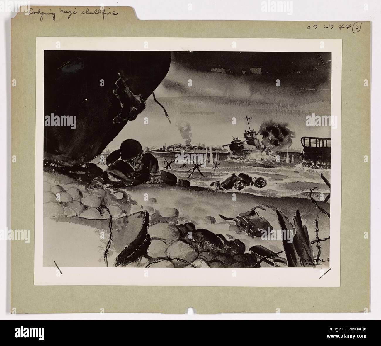 Schivare il fuoco nazista. Questa immagine raffigura un'opera d'arte di un Ranger americano che cerca la copertura del fuoco nazista sotto l'arco di un LCT martoriato. Opera dell'artista di combattimento Herman B. Vestal. Foto Stock