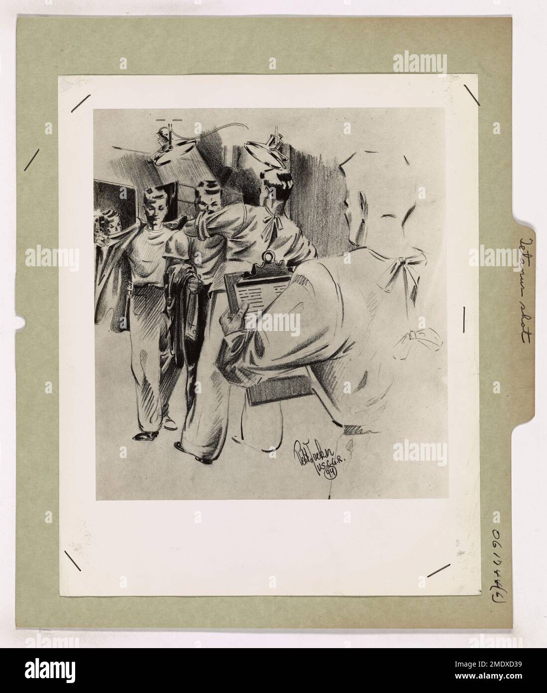 Prima dell'invasione della Francia, il personale americano riceve colpi di tetano come parte della preparazione pre-combattimento. Questo disegno dell'artista di combattimento della Guardia Costiera Robert James Tucker cattura i momenti critici prima dell'assalto, assicurando che le truppe siano pronte per la battaglia nelle difficili condizioni che dovranno affrontare. Foto Stock