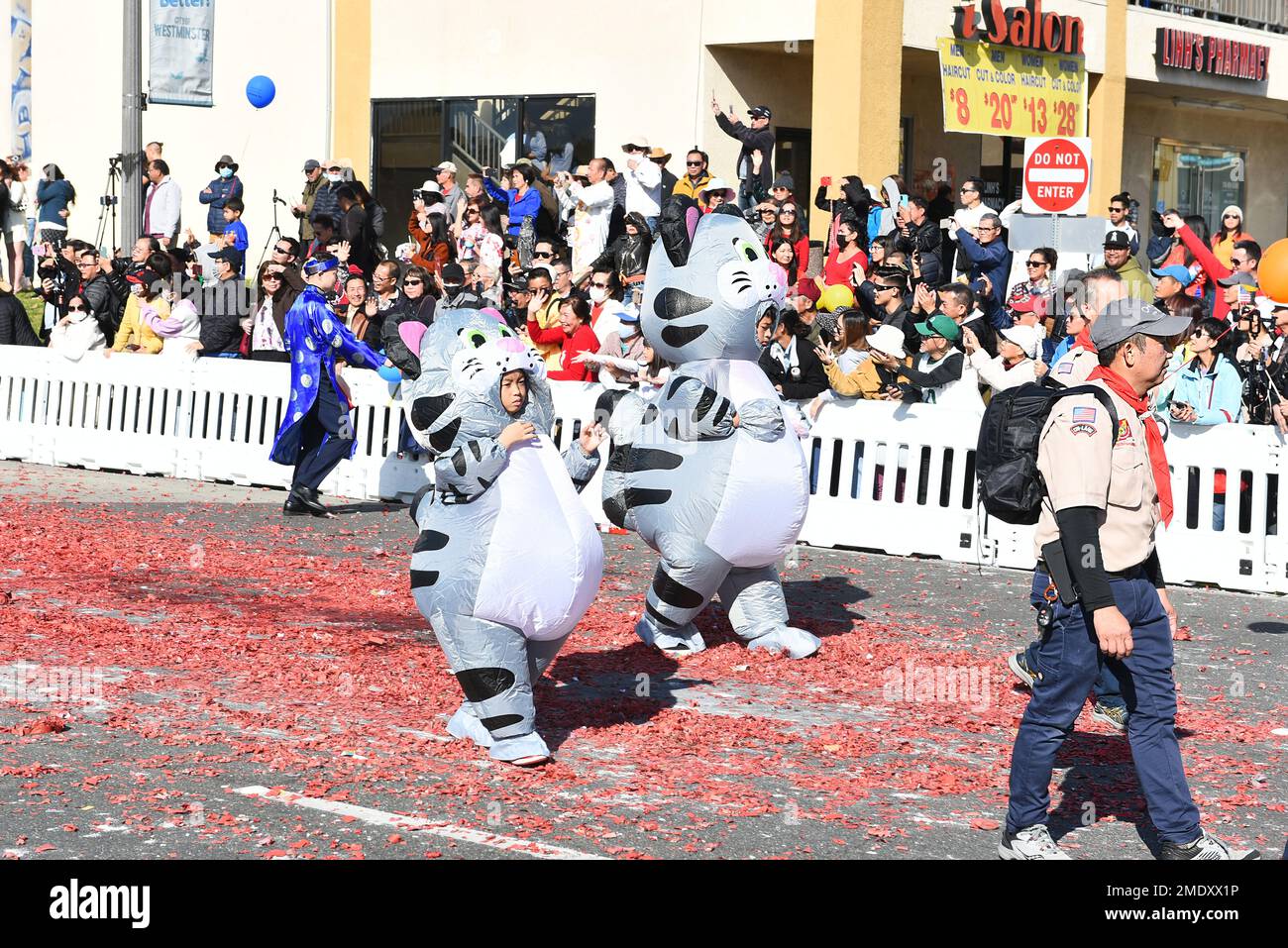 WESTMINSTER, CALIFORNIA - 22 GENNAIO 2023: I bambini vestiti con costumi di gatto alla Tet Parade che celebra l'anno del Cat. Foto Stock