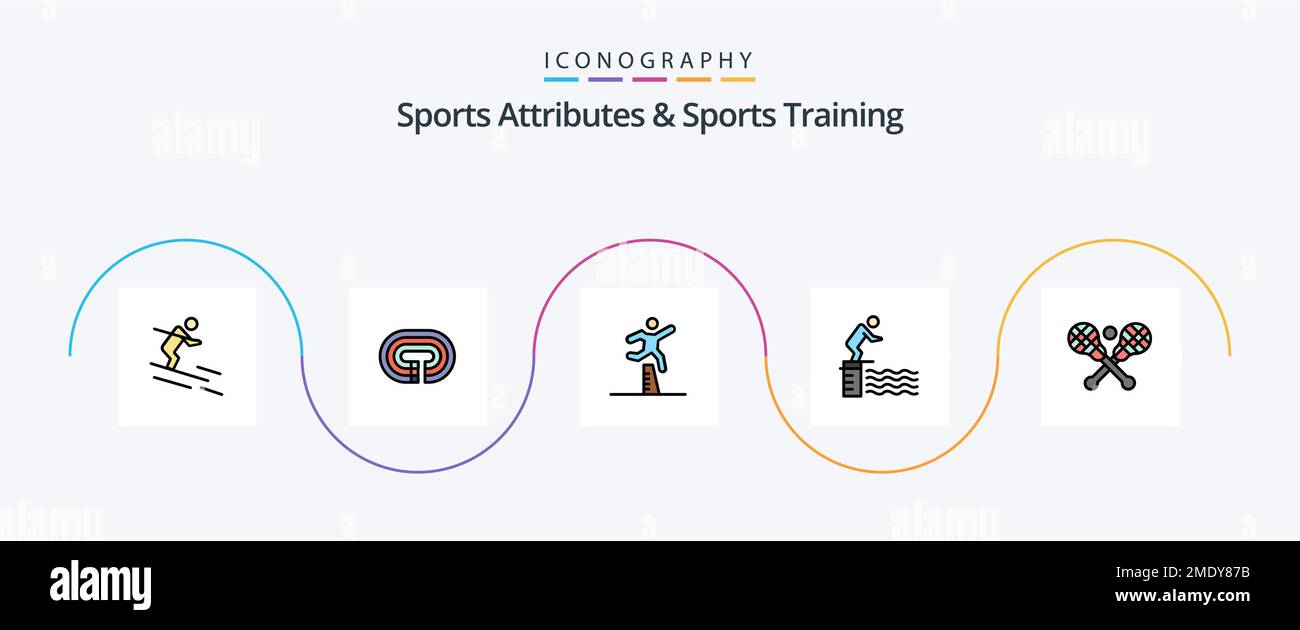 Sport atrio e Sport linea di allenamento completo Flat 5 Icon Pack incluso sport. piattaforma. atleta. salta. steeplechase Illustrazione Vettoriale