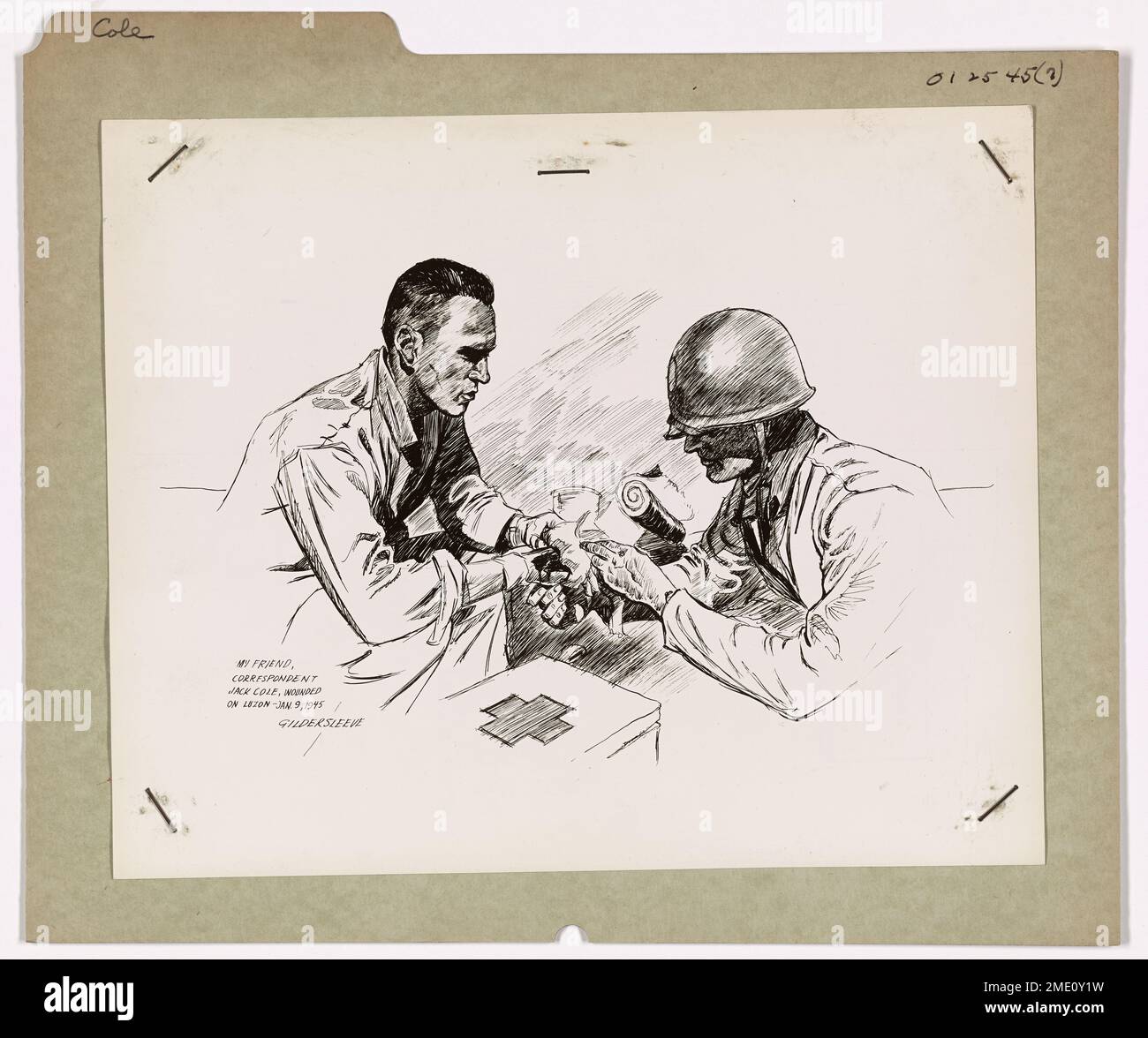 Jack B. Cole, corrispondente di guerra, viene ferito durante l'invasione di Luzon quando un frammento di mortaio gli colpisce la mano. La sua lesione è trattata dal farmacista della Guardia Costiera come raffigurato in uno schizzo a penna e inchiostro dell'artista di combattimento Jack B. Gildersleeve. Foto Stock