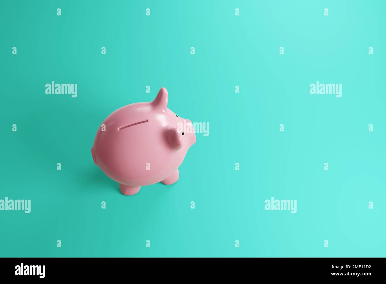 Rosa ceramico piggy bank su fondo azzurro. Illustrazione del concetto di investimento finanziario, risparmio bancario ed economia Foto Stock