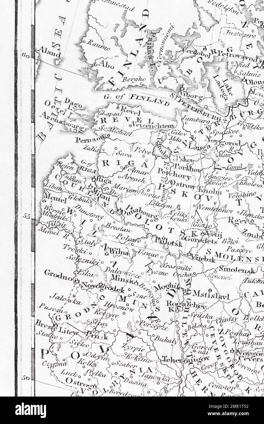 1814 mappa della Russia - gli Stati baltici in Polonia e di fronte a St. Pietroburgo (Leningrado). Tempo dell'impero russo & Russia pre-Rivoluzione. Foto Stock