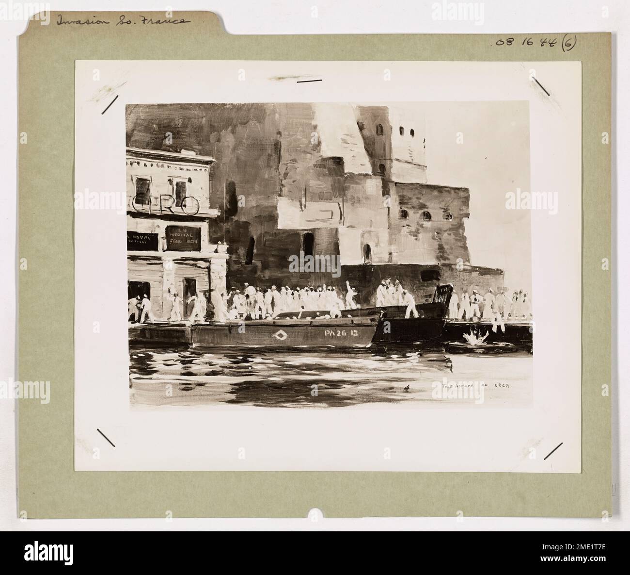 L'artista di combattimento della Guardia Costiera Tore Asplund ha dipinto questa scena di guardie costiere sulla libertà in Italia prima dell'invasione della Francia meridionale. L'opera d'arte riflette le esperienze dei soldati prima dell'inizio dell'invasione. Foto Stock