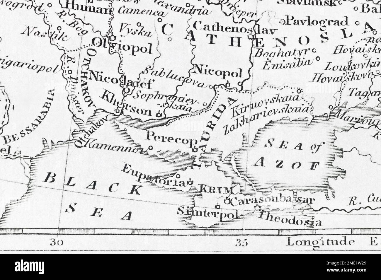 1814 mappa di Russia e Ucraina - Kherson, Crimea, e Mar Nero e Mare di Azof. Gli attuali focolai del conflitto Russia-Ucraina. Foto Stock