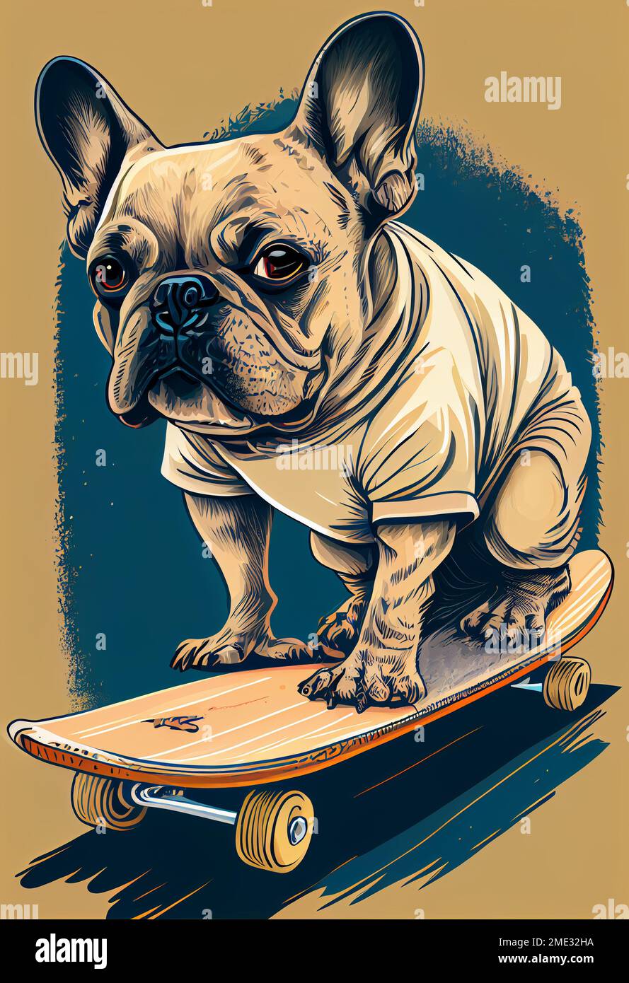 Un bulldog francese in una T-shirt cavalca uno skateboard Foto stock - Alamy