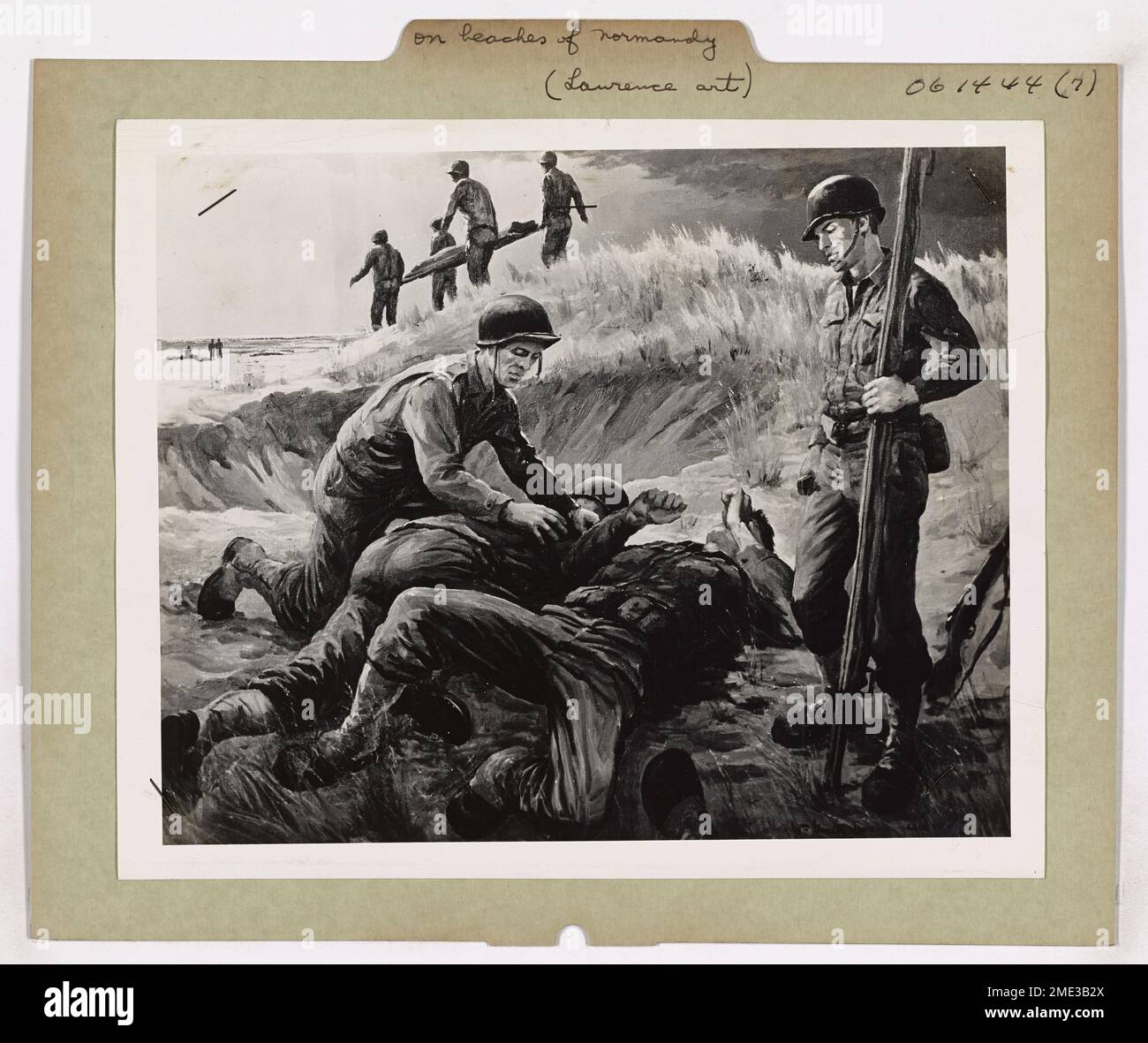 Sulle spiagge della Normandia, sono caduti. Questa immagine raffigura soldati americani feriti sulle spiagge della Normandia durante il D-Day, dipinta dall'artista della Guardia Costiera William Goadby Lawrence. Foto Stock