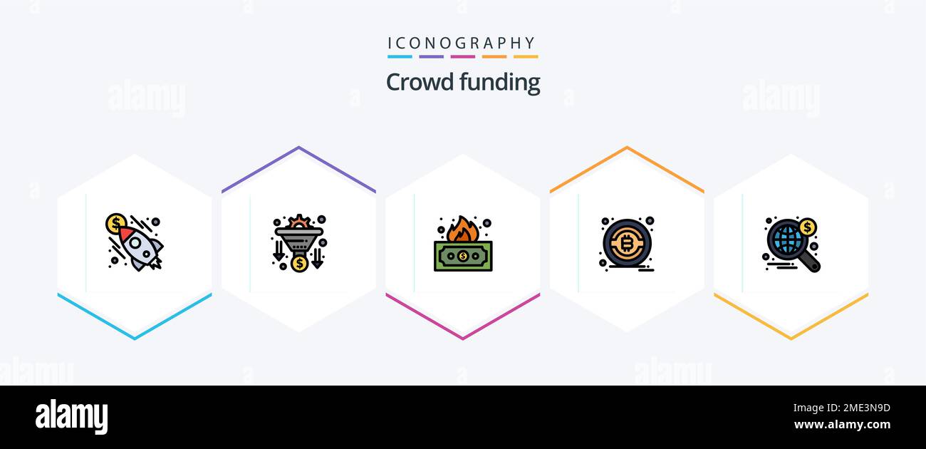 Pacchetto icone Crowdfunding 25 FilledLine incluso Wide. ricerca. rischioso. btc. bitcoin Illustrazione Vettoriale