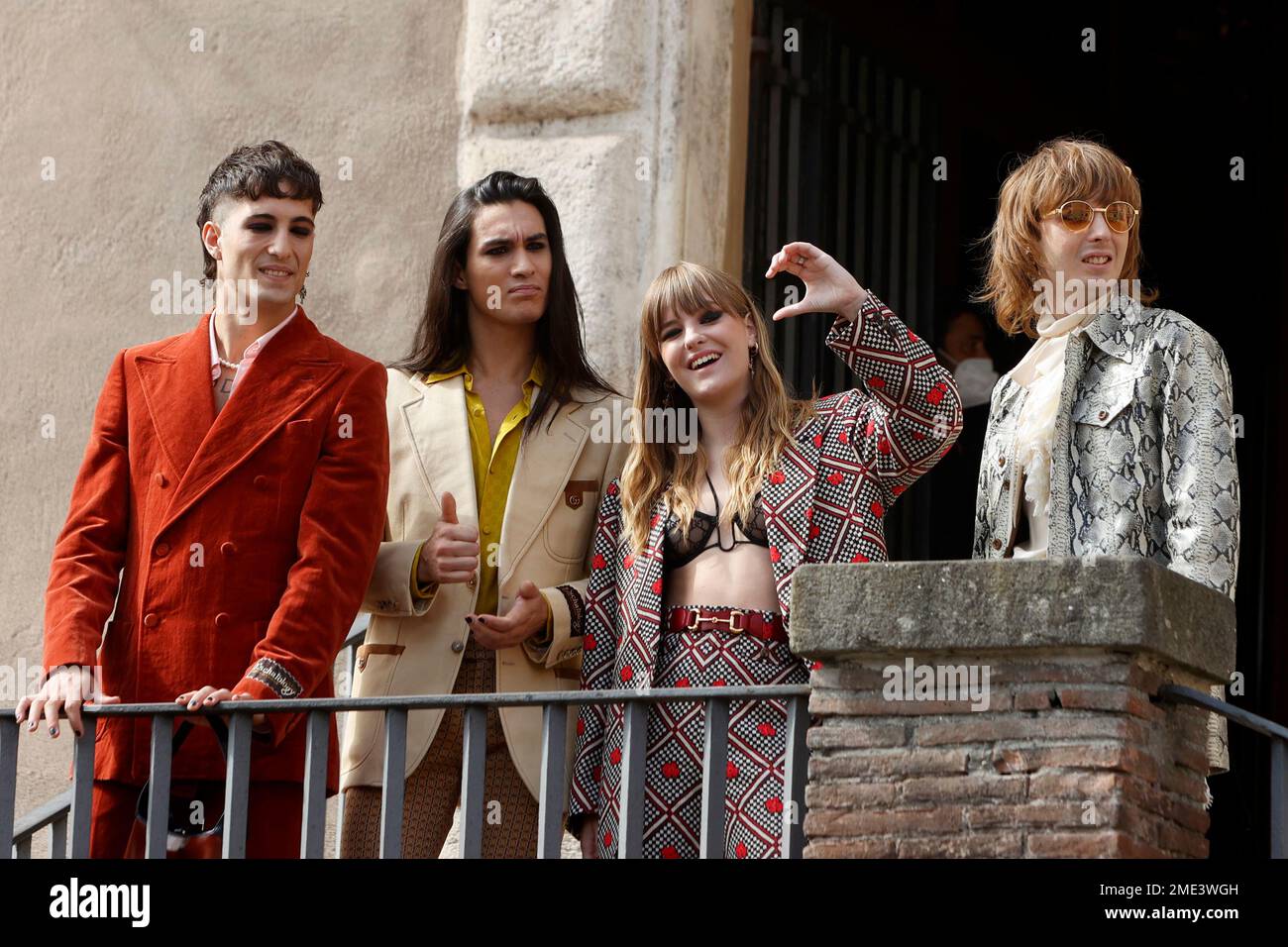 Members of the Maneskin band, from left, Damiano David, Ethan Torchio ...