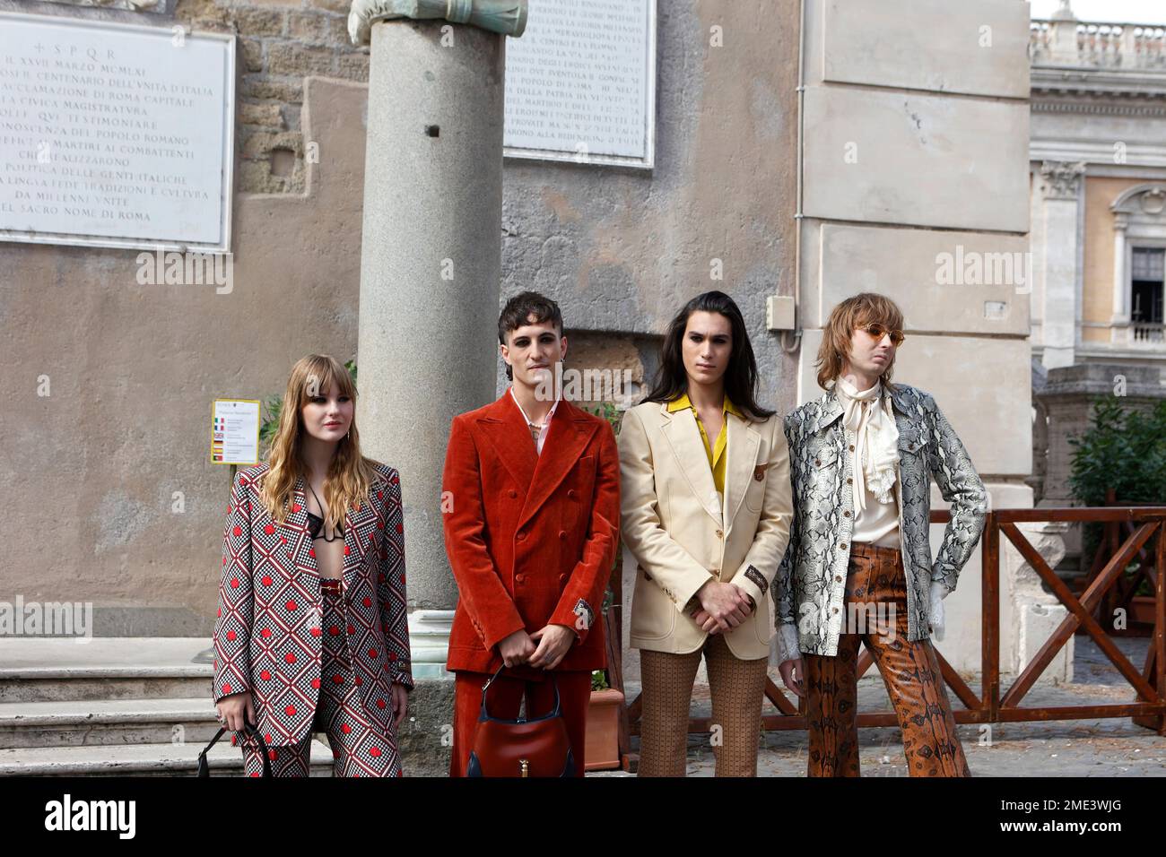 Members of the Maneskin band, from left, Victoria De Angelis, Damiano ...