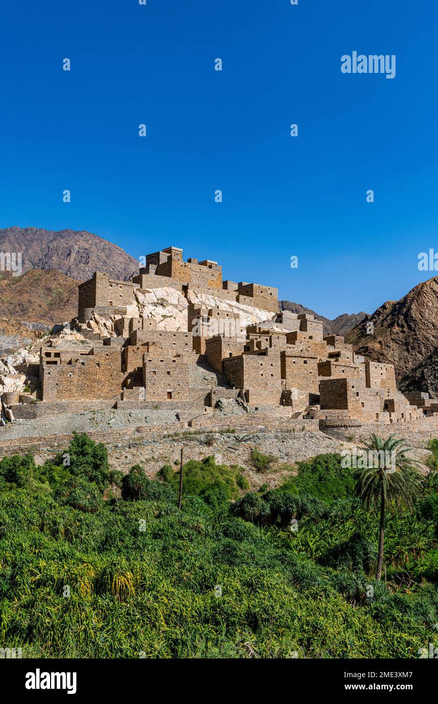 Arabia Saudita, al Makhwah, Zee Ain, antico villaggio costruito sulla cima della montagna Bianca Foto Stock