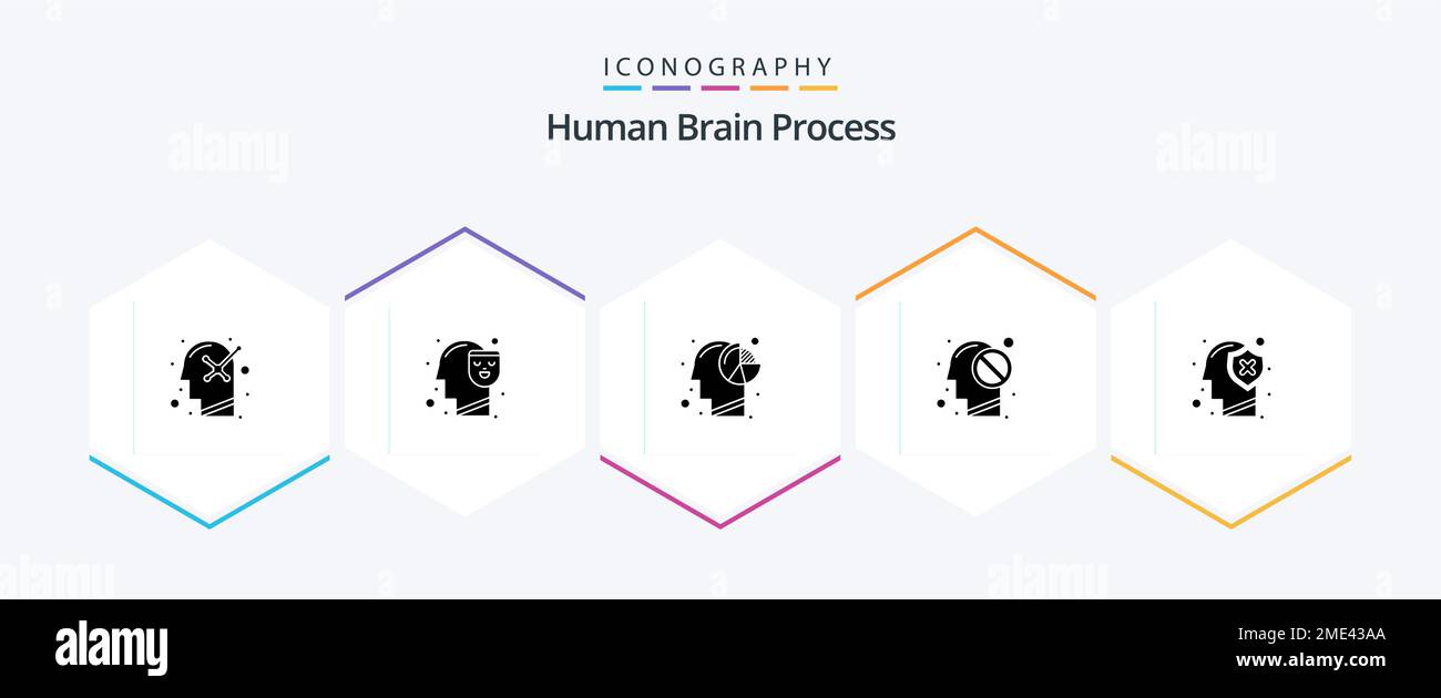 Human Brain Process 25 Glyph pacchetto icone incluso il cervello. chiuso. analisi. mente. mente Illustrazione Vettoriale