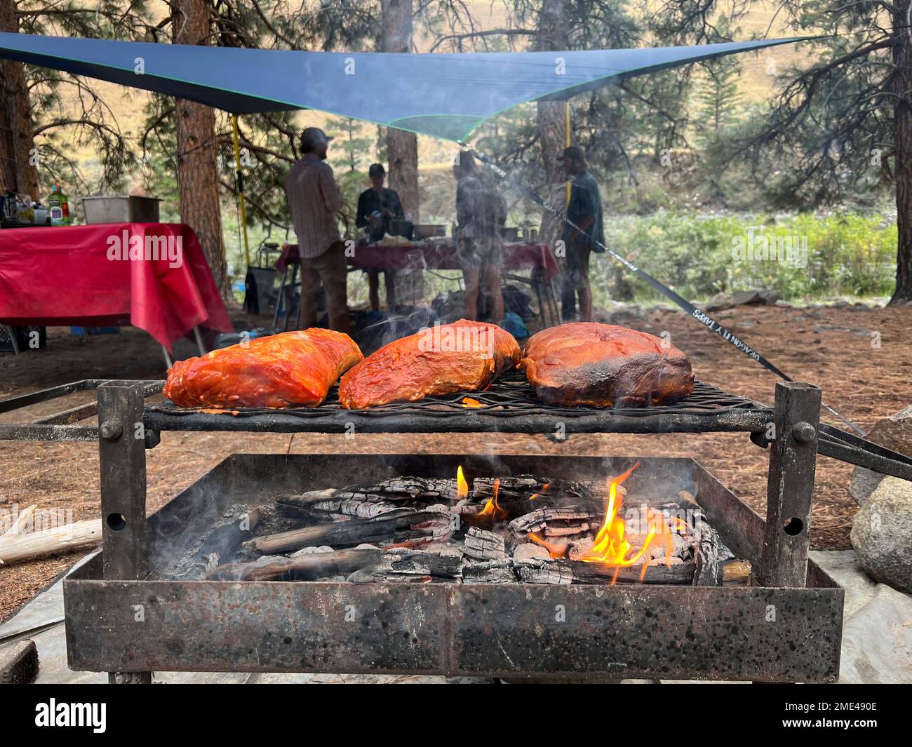 Barbecue presso il campeggio sul fiume Middle Fork Salmon in Idaho con avventure lontane e lontane. Foto Stock