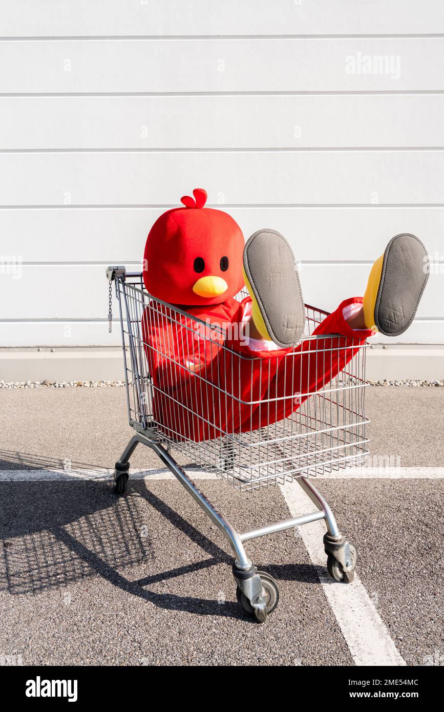 Donna che indossa costume d'anatra seduto nel carrello della spesa Foto Stock