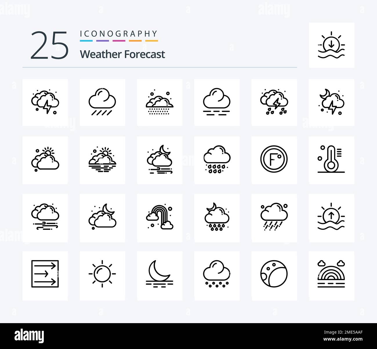 Pacchetto icone Weather 25 Line con luna inclusa. nuvola. caldo. luce. pioggia Illustrazione Vettoriale