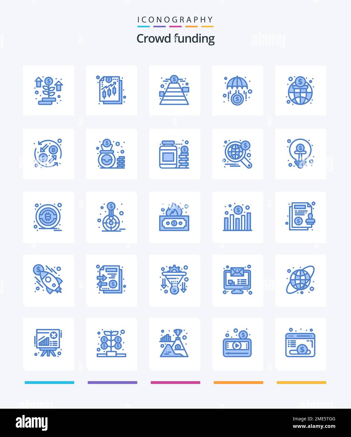 Creative Crowdfunding 25 pacchetto icone blu come globale. investimento. finanza. investire. fondi Illustrazione Vettoriale