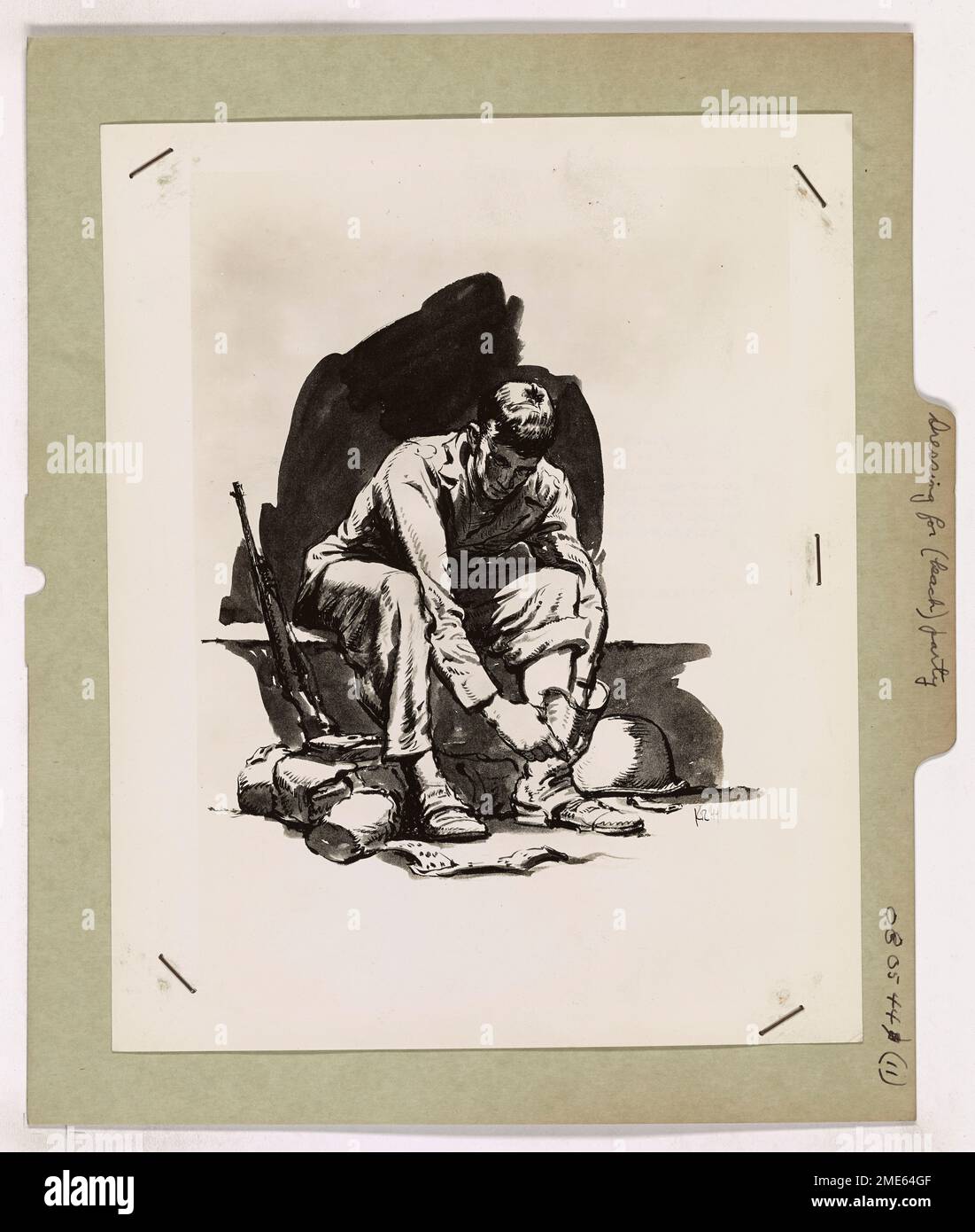 Un guardiano costiero si prepara all'invasione di Saipan durante la seconda guerra mondiale, raffigurato dall'artista di combattimento della Guardia Costiera Ken Riley in questo momento di preparazione al combattimento. Foto Stock