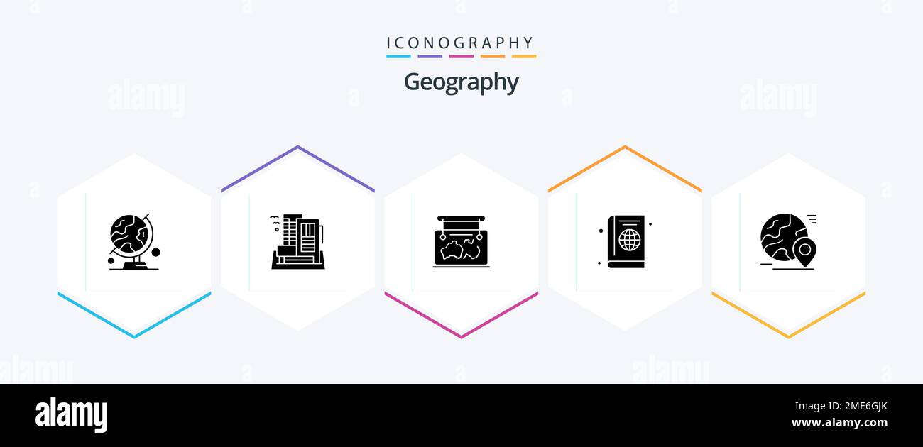 Geo graphy 25 pacchetto icona glyph inclusa la copertina. passaporto. casa. viaggi. posizione Illustrazione Vettoriale