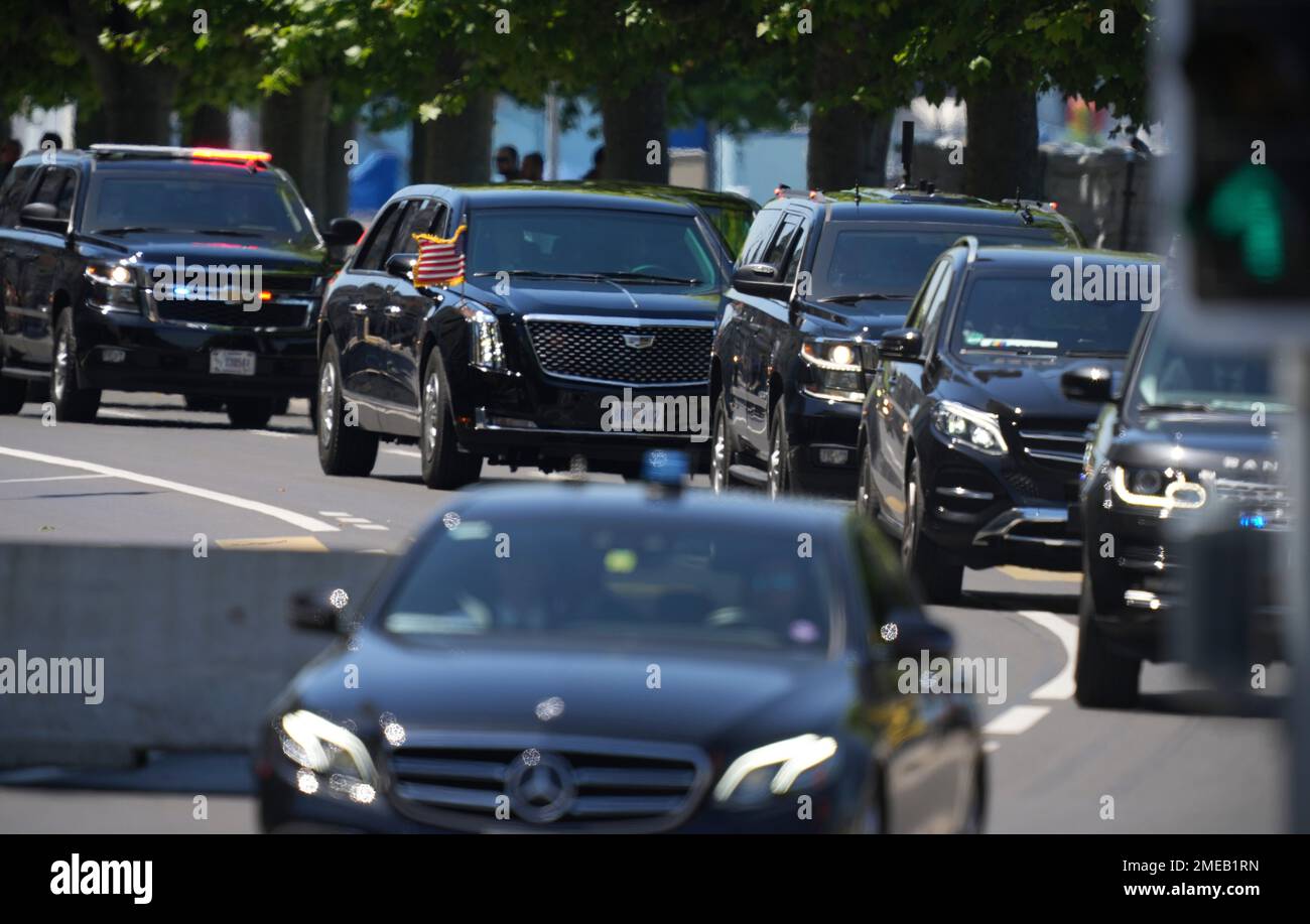 The car carrying U.S. President Joe Biden drives in a motorcade to the  'Villa la Grange' ahead of the meeting of US President Joe Biden and  Russian President Vladimir Putin at the