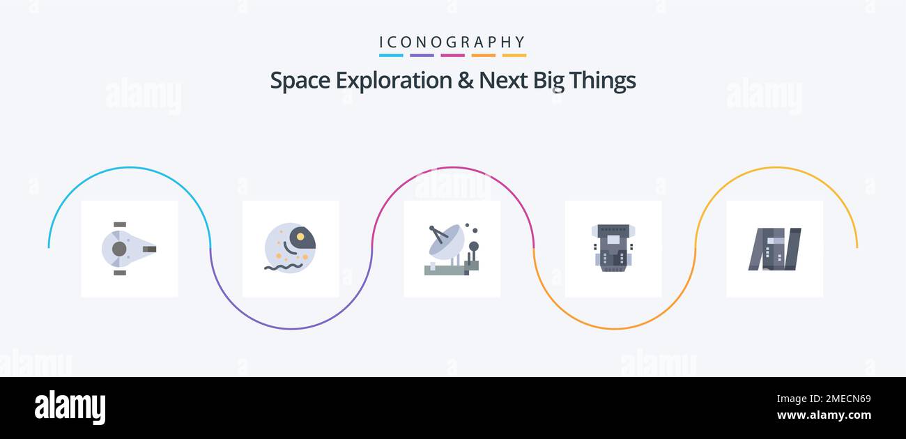 Space Exploration e Next Big Things Flat 5 Icon Pack, inclusa la crionica. camera. pianeta. casella. satellite Illustrazione Vettoriale