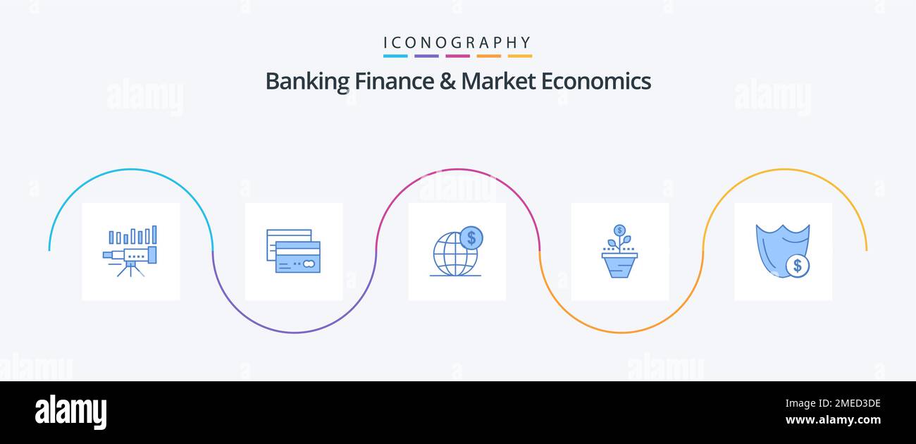 Finanza bancaria ed economia di mercato Blue 5 Icon Pack con globo. globale. banche. dollaro. finanza Illustrazione Vettoriale