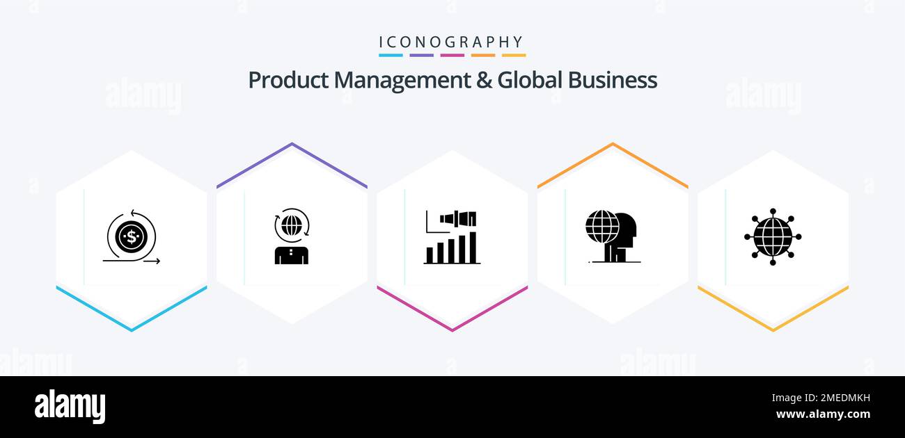 Product Management e Global Business 25 Glyph Icon Pack, marketing incluso. finanza. moderno. marketing globale. termine Illustrazione Vettoriale