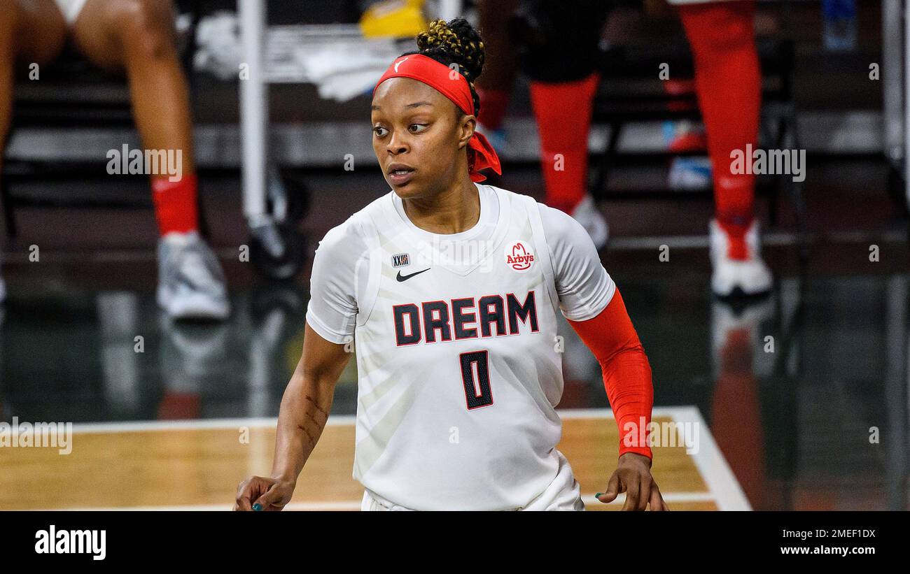 Atlanta Dream guard Odyssey Sims (0) in action during a WNBA basketball game against the Chicago Sky, Wednesday, May 19, 2021, in College Park, Ga. (AP Photo/Danny Karnik) Foto Stock