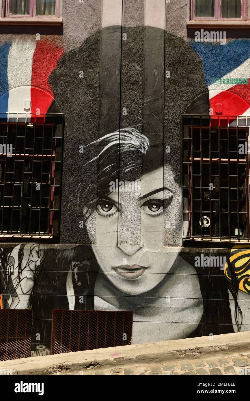 Amy Winehouse Street art graffiti in Valparaiso Cile colorfull Foto Stock