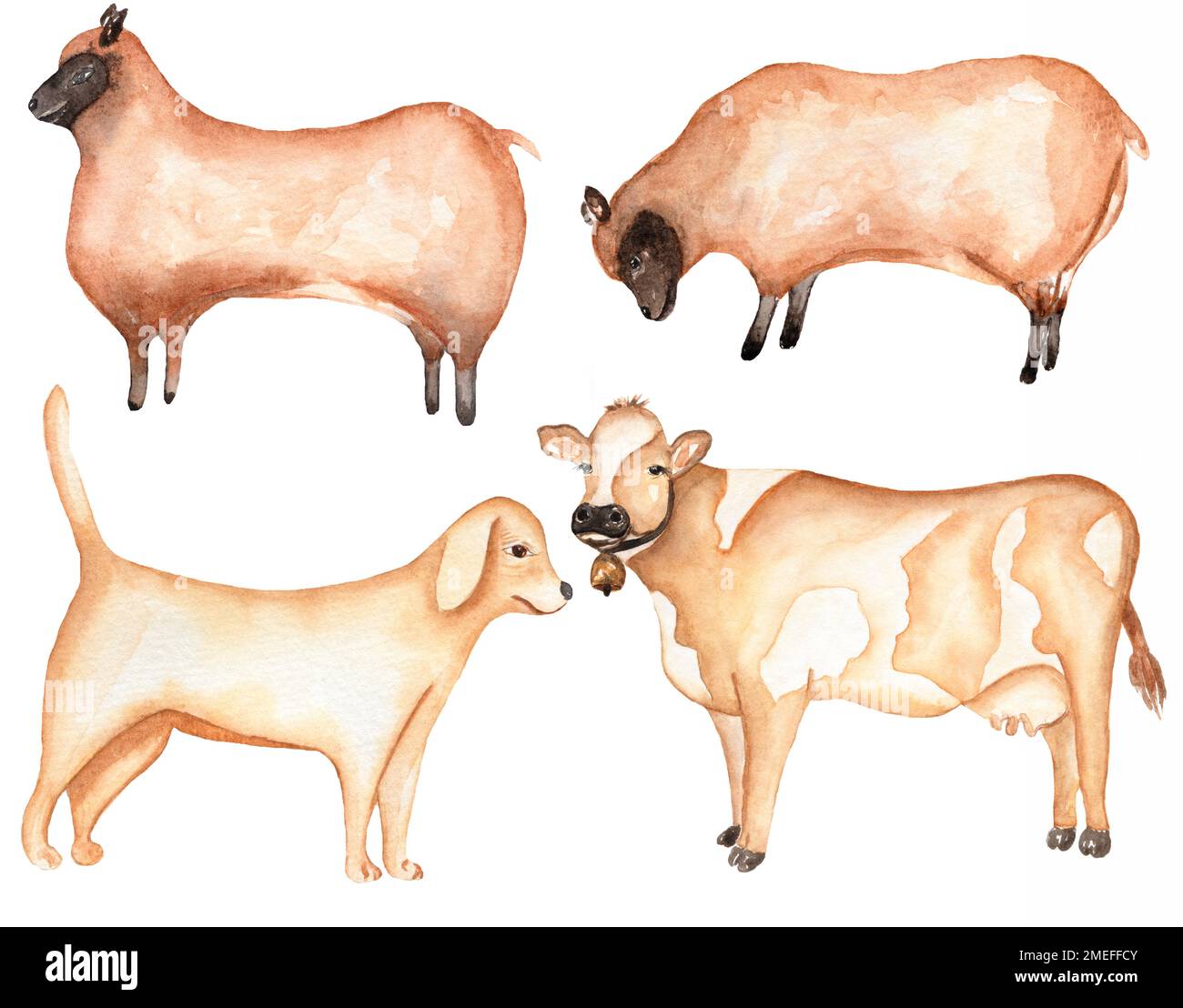 Animali da fattoria clipart, acquerello disegnata a mano Cow clip art, Carse Dog illustrazione, Sheeps clip art, Village Set Foto Stock