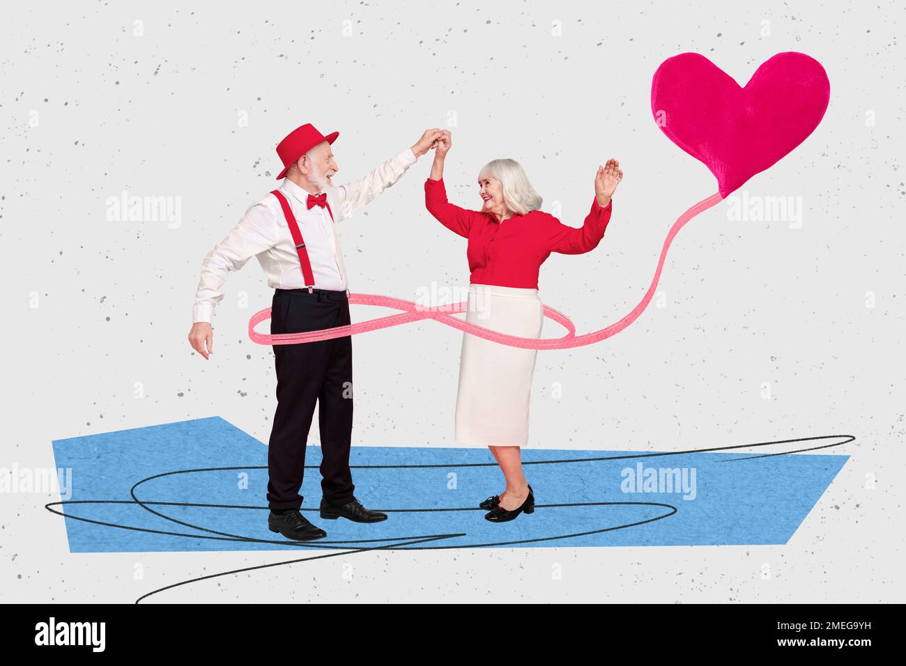 Grafica creativa collage fotografico di sentire giovani anziani ballare molti anni insieme doodle disegno amore festive abiti isolati su sfondo grigio Foto Stock