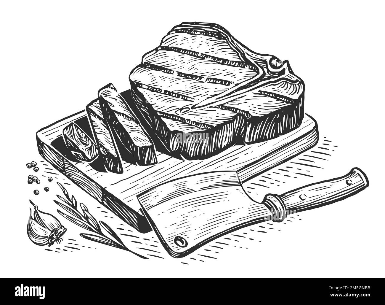 Bistecca di manzo alla griglia su tagliere di legno con taglierino a coltello. Preparazione del piatto di carne. Illustrazione dello schizzo del cibo Foto Stock