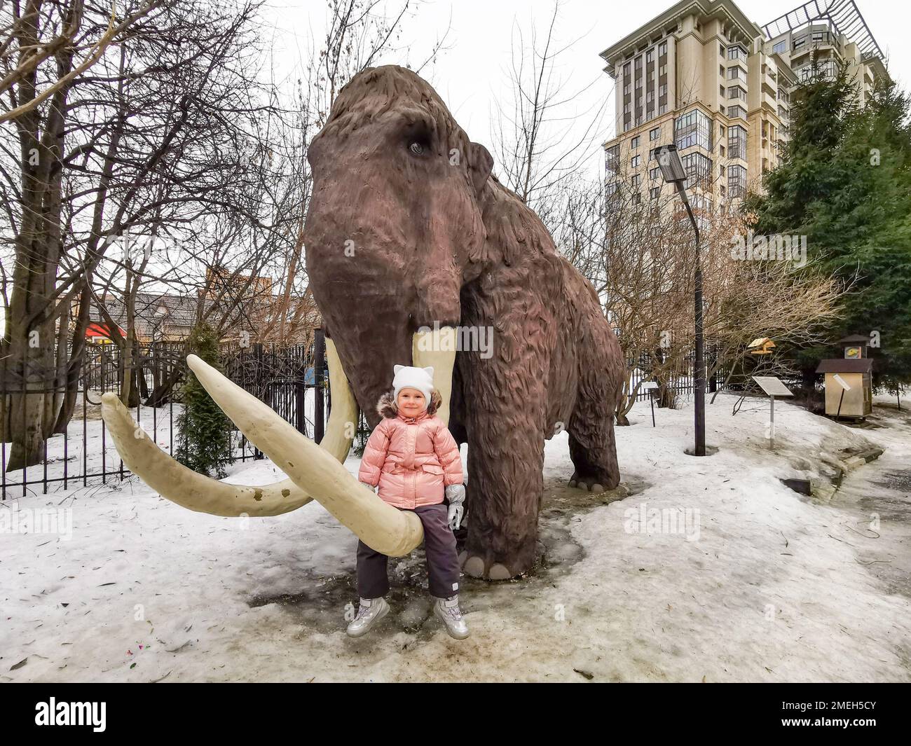 Mosca. Russia. Gennaio 21, 2023. Una bambina si siede su un muschio mammut. Una grande mostra di un mammut e di un bambino al Museo Darwin di Mosca. Foto Stock