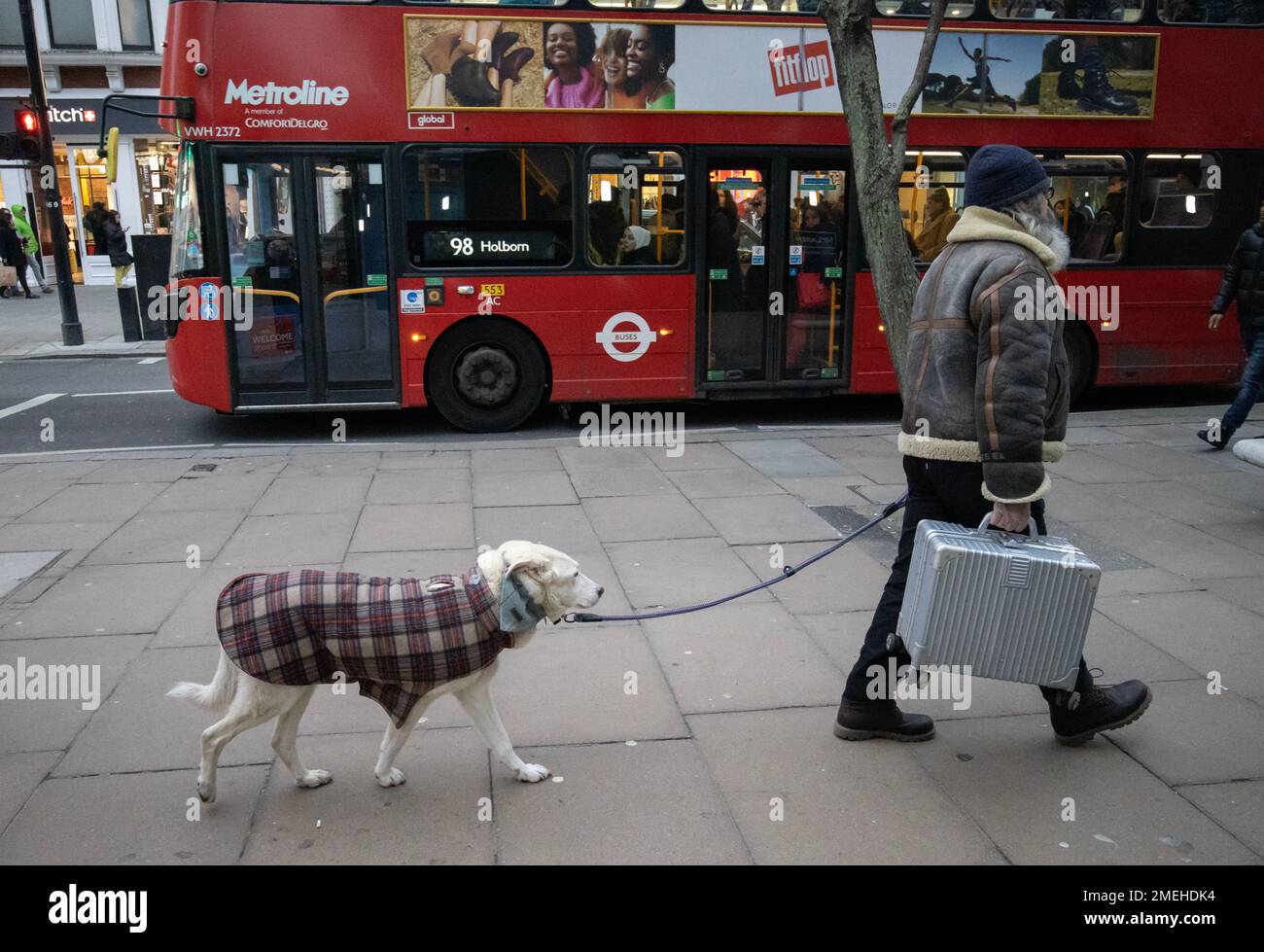 Cane vestito in un cappotto invernale mentre è condotto dal suo proprietario che trasporta una valigetta metallica lungo Oxford Street, nel centro di Londra Foto Stock
