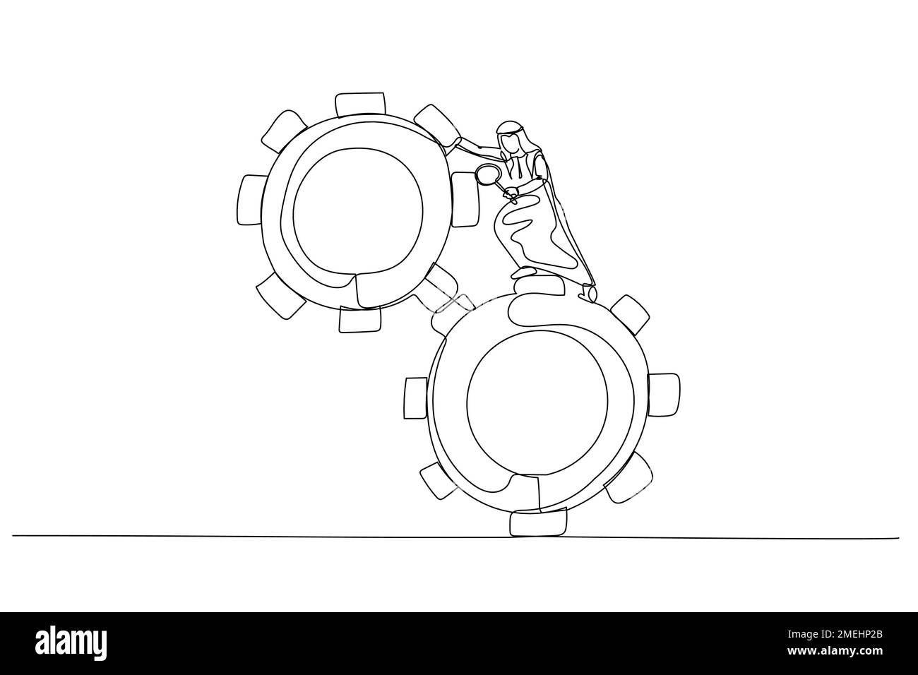 arabo uomo leader utilizzare lente di ingrandimento analizzare ruote dentate problema concetto problema risolvere. Stile artistico a linea singola Illustrazione Vettoriale