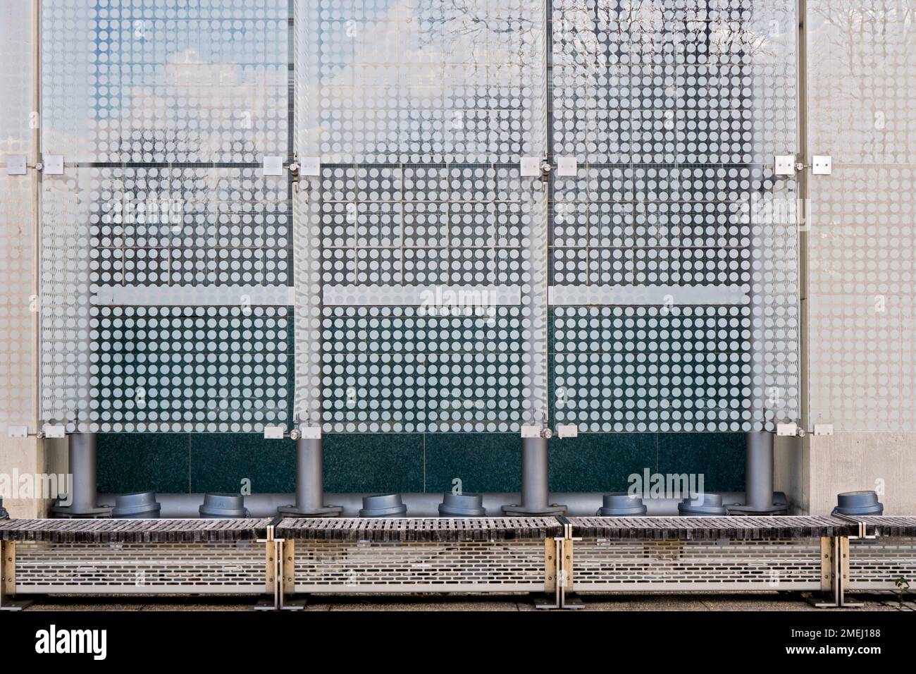 L'esterno decorato del Queens Museum nel Flushing Meadows Corona Park, Queens, New York. Foto Stock