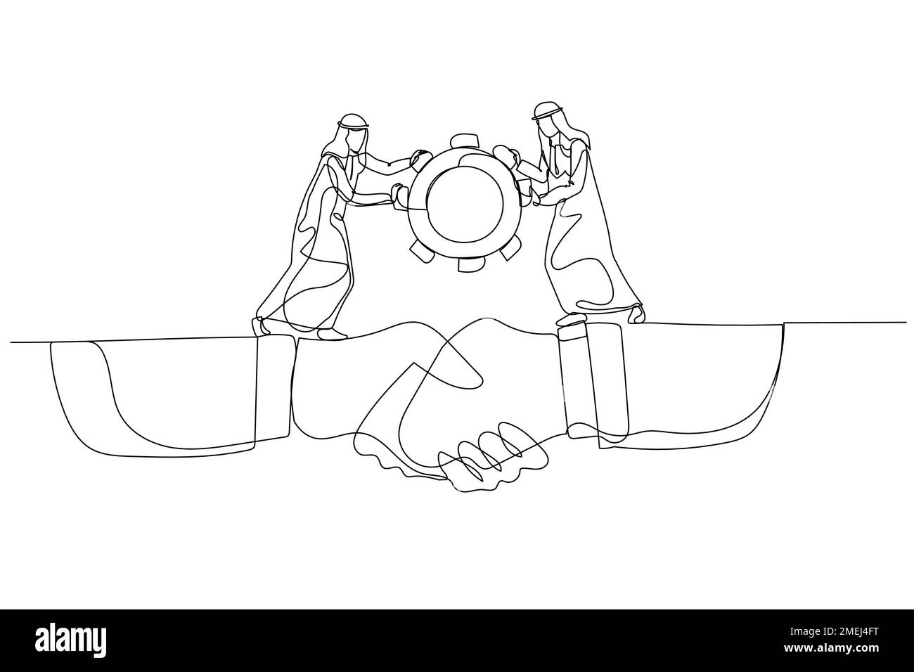 l'uomo arabo porta la ruota dentata attraverso il ponte fatto di mano tremante. Uno stile artistico a linea continua Illustrazione Vettoriale