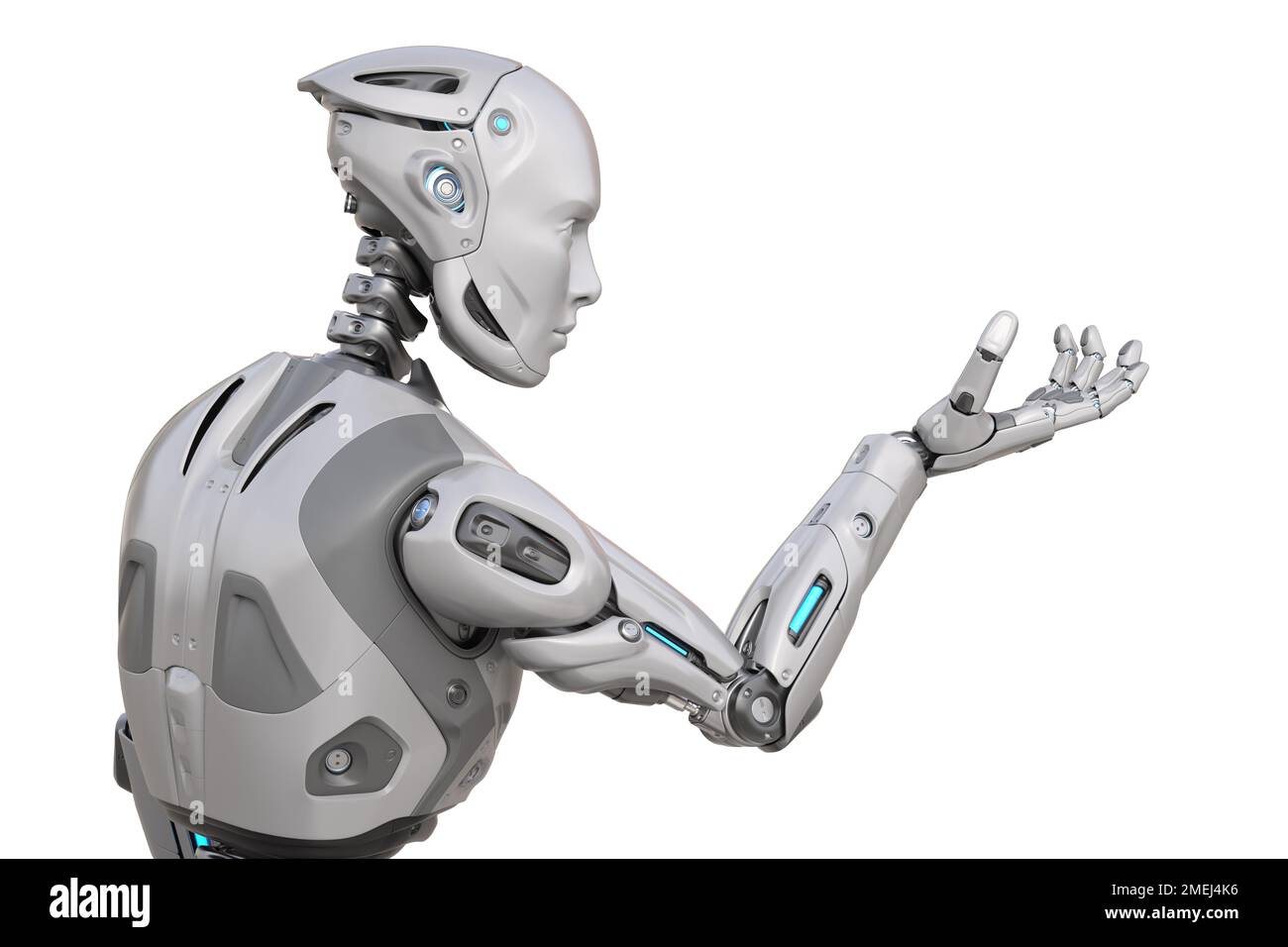 Robot guardando la sua mano. Illustrazione 3D Foto Stock
