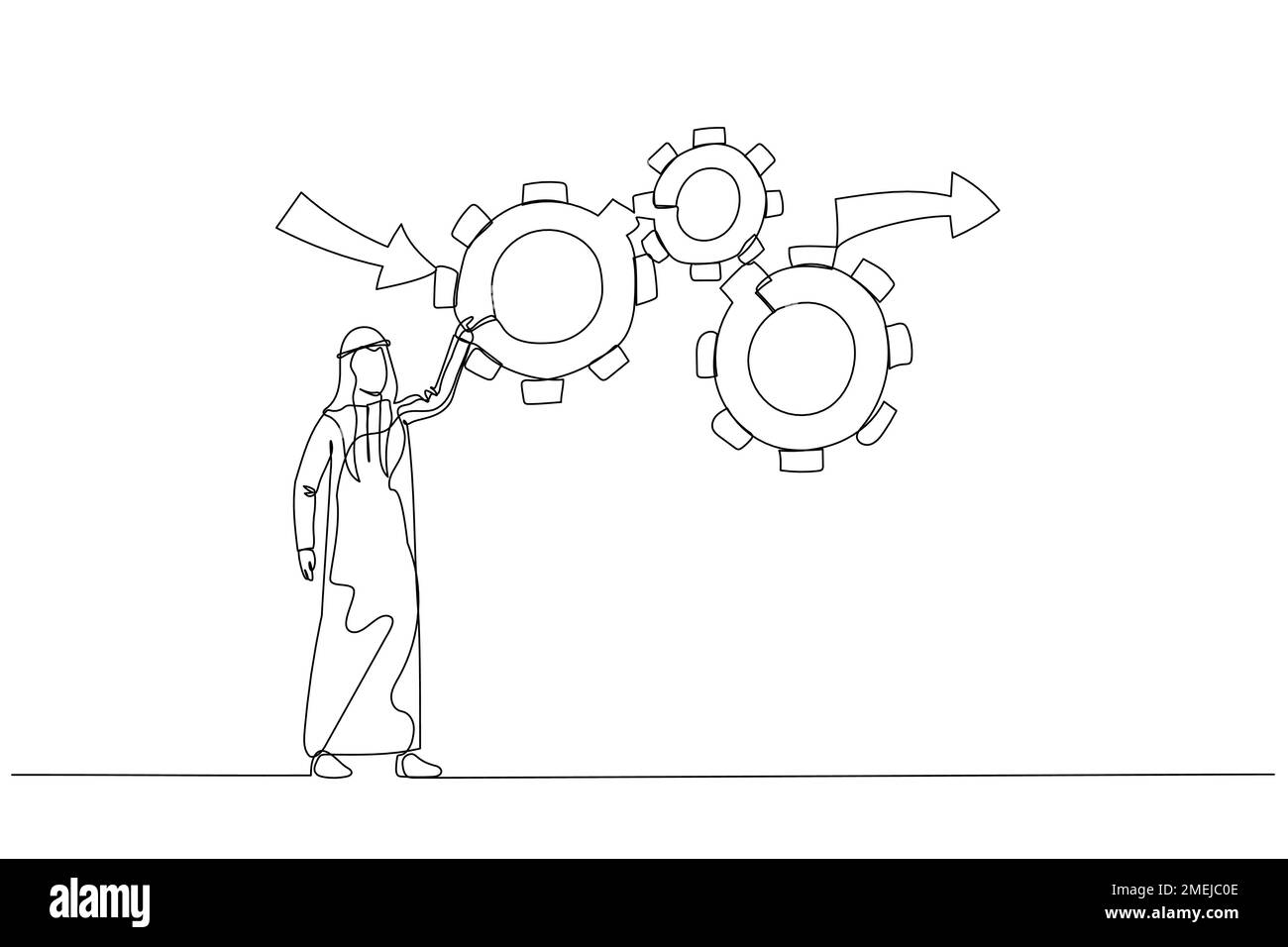 l'uomo arabo fa lavorare le ruote dentate in modo efficace ed efficiente per ottenere il miglior risultato del concetto di gestione del flusso di lavoro. Stile artistico a una linea Illustrazione Vettoriale