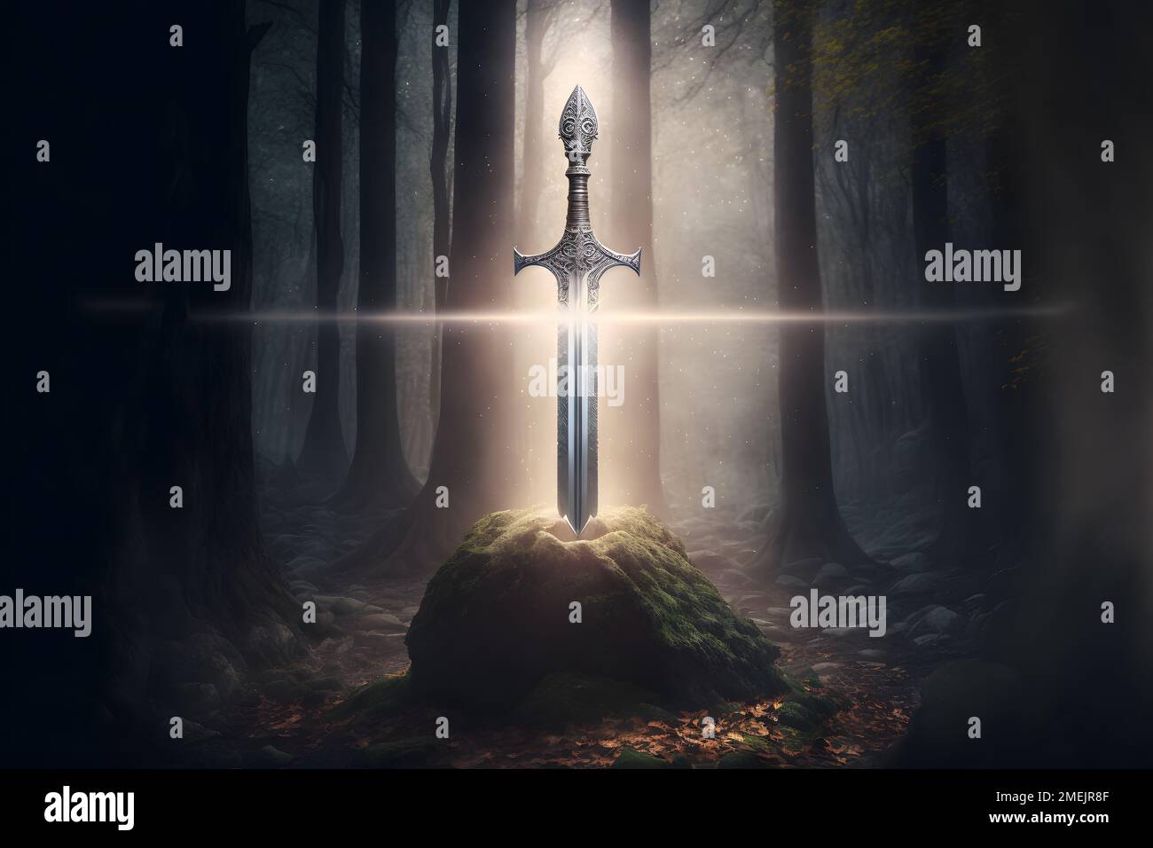 Spada Re Arthur Excalibur in una pietra nella foresta, un raggio di luce  riflessa sulla spada, fantasia Foto stock - Alamy
