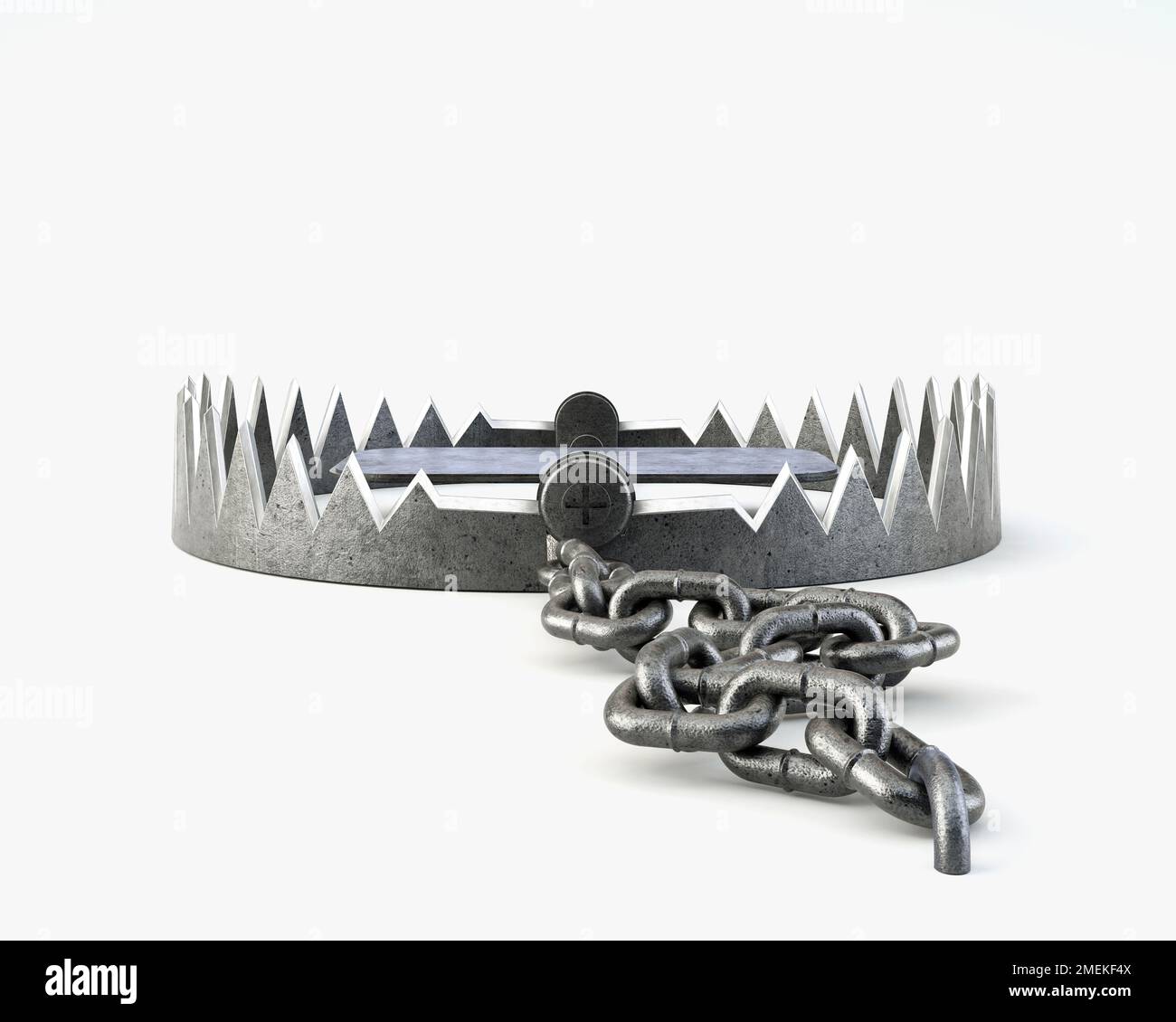 Una trappola di caccia per animali in metallo aperta attaccata al terreno con una catena metallica su uno sfondo isolato dello studio - rendering 3D Foto Stock