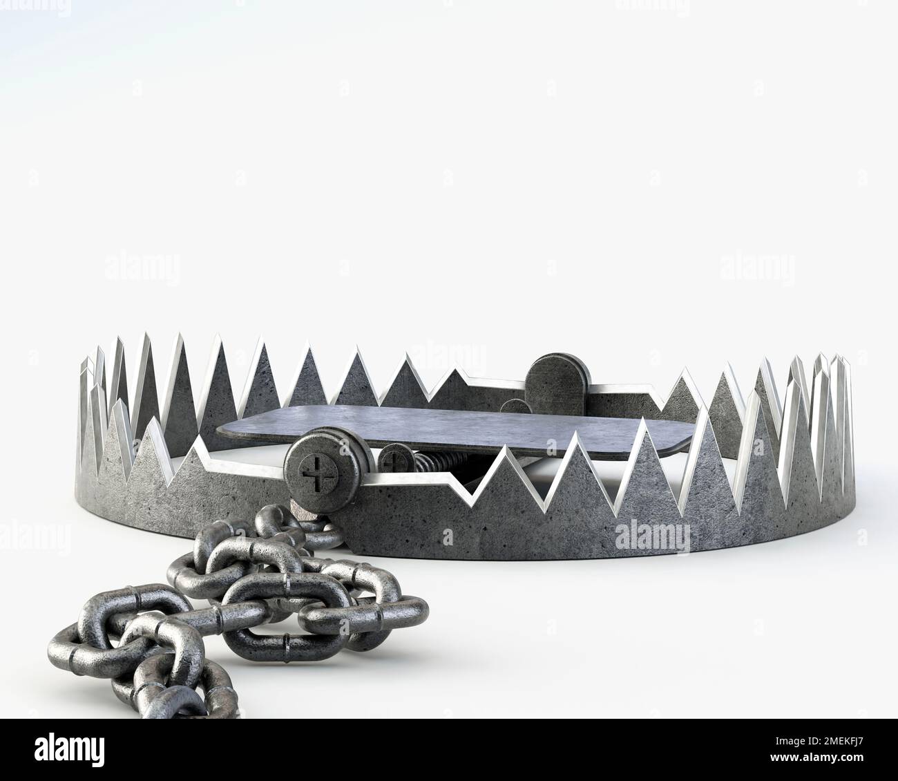 Una trappola di caccia per animali in metallo aperta attaccata al terreno con una catena metallica su uno sfondo isolato dello studio - rendering 3D Foto Stock