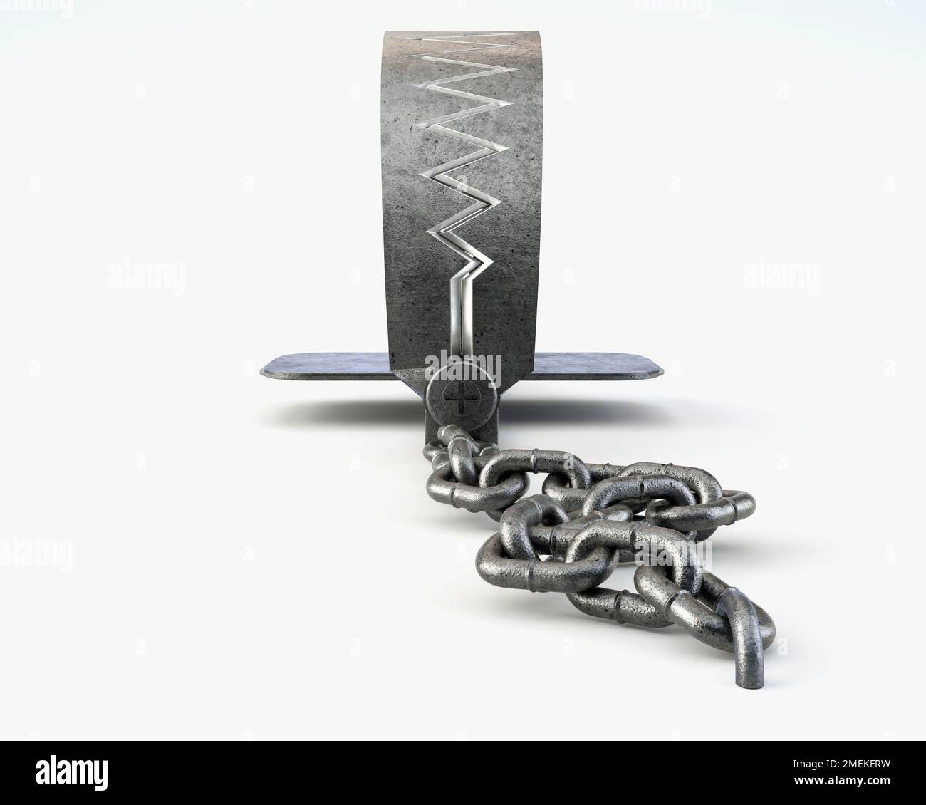 Una trappola di caccia di animali metallici chiusa attaccata al terreno con una catena metallica su uno sfondo isolato studio - rendering 3D Foto Stock
