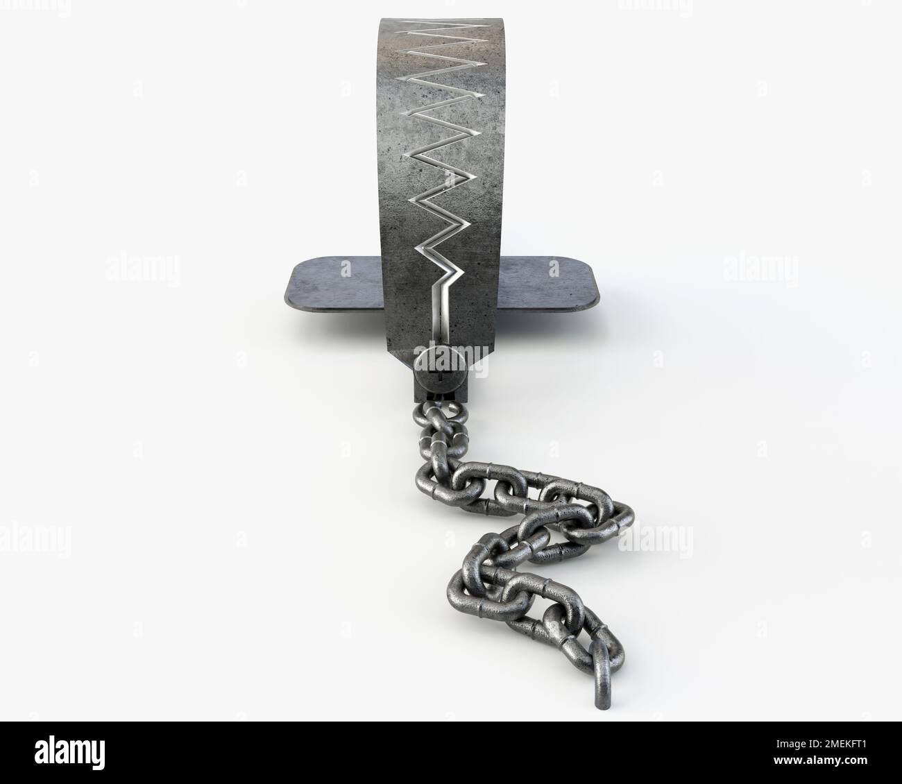 Una trappola di caccia di animali metallici chiusa attaccata al terreno con una catena metallica su uno sfondo isolato studio - rendering 3D Foto Stock