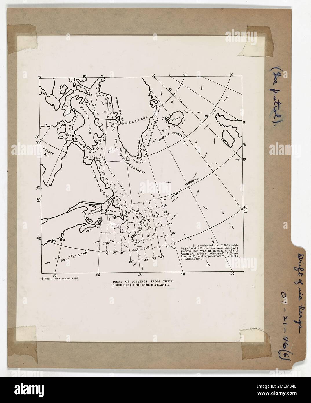 Deriva di iceberg: Grafico account. Questo grafico mostra la direzione generale di deriva degli iceberg, mostra le correnti che li spingono e indica le loro principali fonti all'interno e intorno alla penisola groenlandese. Durante la guerra, anche se la pattuglia internazionale del ghiaccio è stata sospesa a causa della scarsità di navi per quel più altri compiti della Guardia Costiera, questo servizio ha mantenuto la Groenlandia Patrol, che ha tenuto traccia dei cambiamenti climatici e della posizione generale dei campi di ghiaccio in aggiunta alle sue attività regolari. La pattuglia di ghiaccio, su ordine del Presidente, è in ripresa nel marzo scorso. Foto Stock