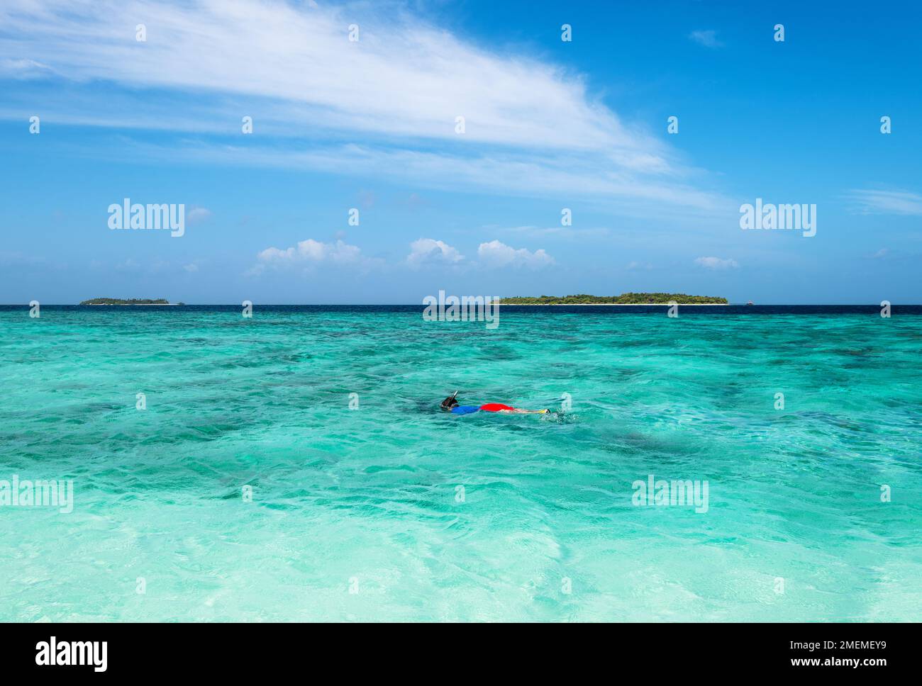 Uomo snorkeling nell'Oceano Indiano, Baa Atoll, Maldive Foto Stock