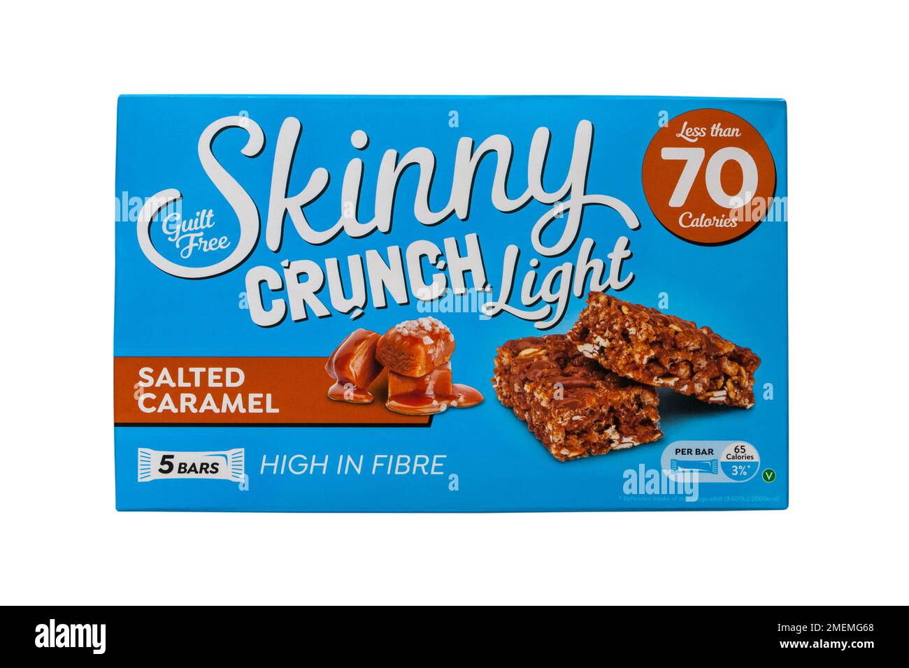 Scatola di gilt free Skinny Crunch Light salato caramello snack bar cereali alto in fibra meno di 70 calorie isolato su sfondo bianco Foto Stock