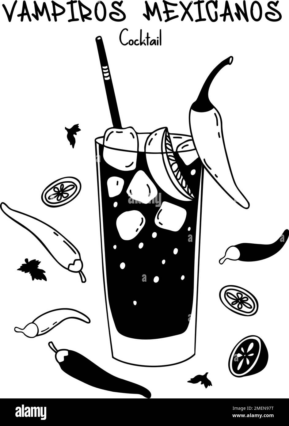 Cocktail messicano Vampiro. Bicchiere di bevanda alcolica latinoamericana con cocktail tube, cubetti di ghiaccio, lime e peperoncino. Illustrazione vettoriale. IO Illustrazione Vettoriale