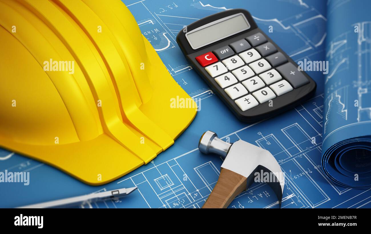 Concetto di costruzione con casco, calcolatrice, martello e bussola su BluePrint. Illustrazione 3D. Foto Stock