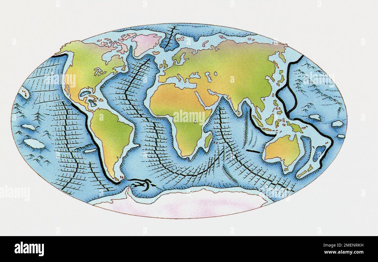 Mappa mondiale di creste oceaniche e trincee Foto Stock