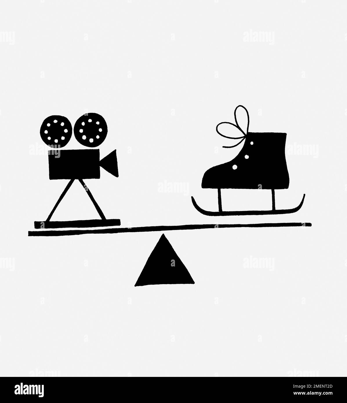 Illustrazione in bianco e nero di una serie di bilance con telecamera a film sul lato e pattina sul ghiaccio sull'altro lato (che illustra il valore relativo del costo della visita al cinema e del divertimento sulla pista di pattinaggio) Foto Stock